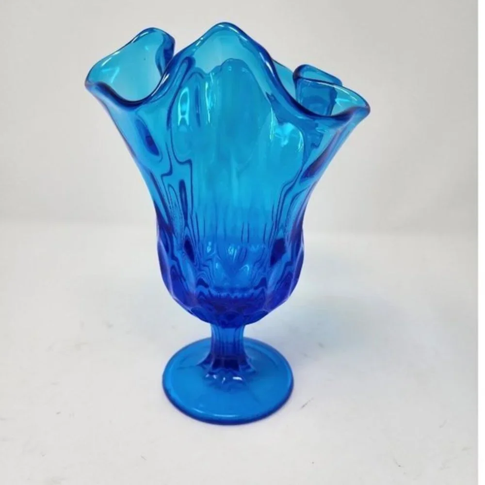 Vtg Fenton Swung Stretch Handkerchief Pedestal Thumb Print Colonial‎ Blue Vase